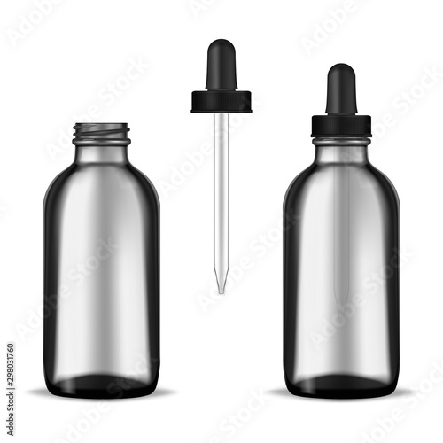 Open and closed dark clear thick glass bottle with screw dropper cap isolated on white background, realistic mockup illustration. Cosmetic or medical product container, vector mock-up