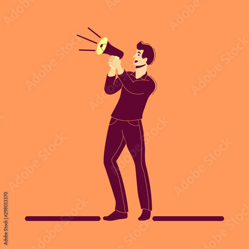 Man Using a Megaphone for sharing information, flat vector illustration