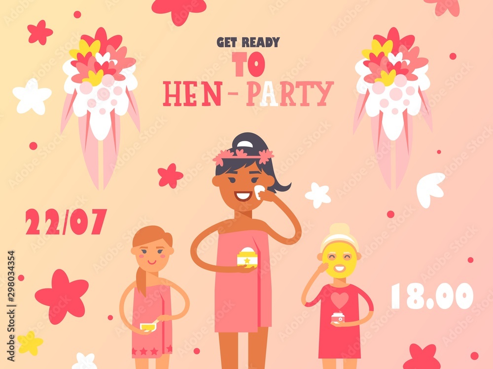 Hen party invitation, vector illustration. Beauty procedures for women, skin care treatment at home. Girlfriends preparing for wedding, fun bachelorette party announcement Hen party invitation, vector illustration. Beauty procedures for women, skin care treatment at home. Girlfriends preparing for wedding, fun bachelorette party announcement