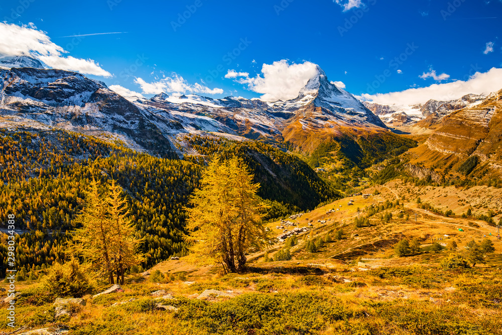 Stunning autumn scenery of famous alp peak Matterhorn. Swiss Alps, Valais, Switzerland