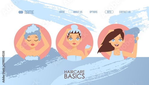 Hair care basics, vector illustration. Website template, haircare products guide, shampoo and mask. Landing page design, beauty blog for women, hair treatment cosmetics overview