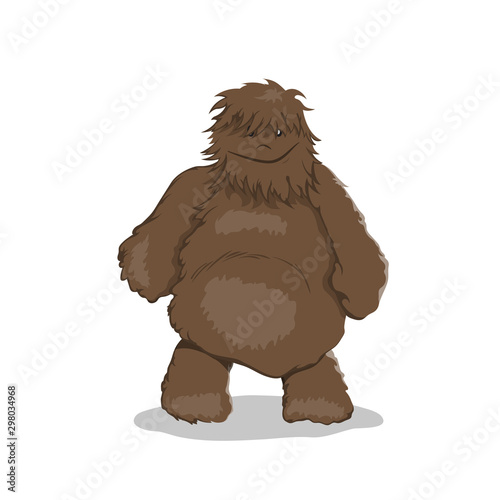 Fat bigfoot in cartoon style. Brown yeti. Isolated image of fantasy forest monster
