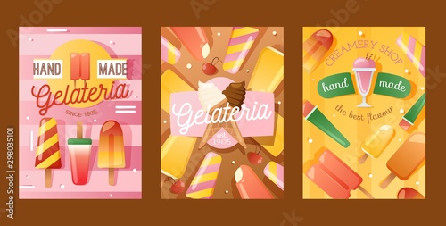 Ice cream shop banner, vector illustration. Gelateria advertisement flyer, wall poster, hand made gelato. Creamery cafe dessert selection, sweet treats in various flavors