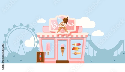 Small gelateria shop  vector illustration. Family business ice cream cafe in amusement park. Summer gelato store  cozy exterior  outdoor town landscape