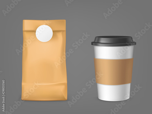 Coffee bag and disposable cup set isolated on grey background, blank plastic mug with cap and holder, paper package for beans advertising design elements Realistic 3d vector illustration, clip art