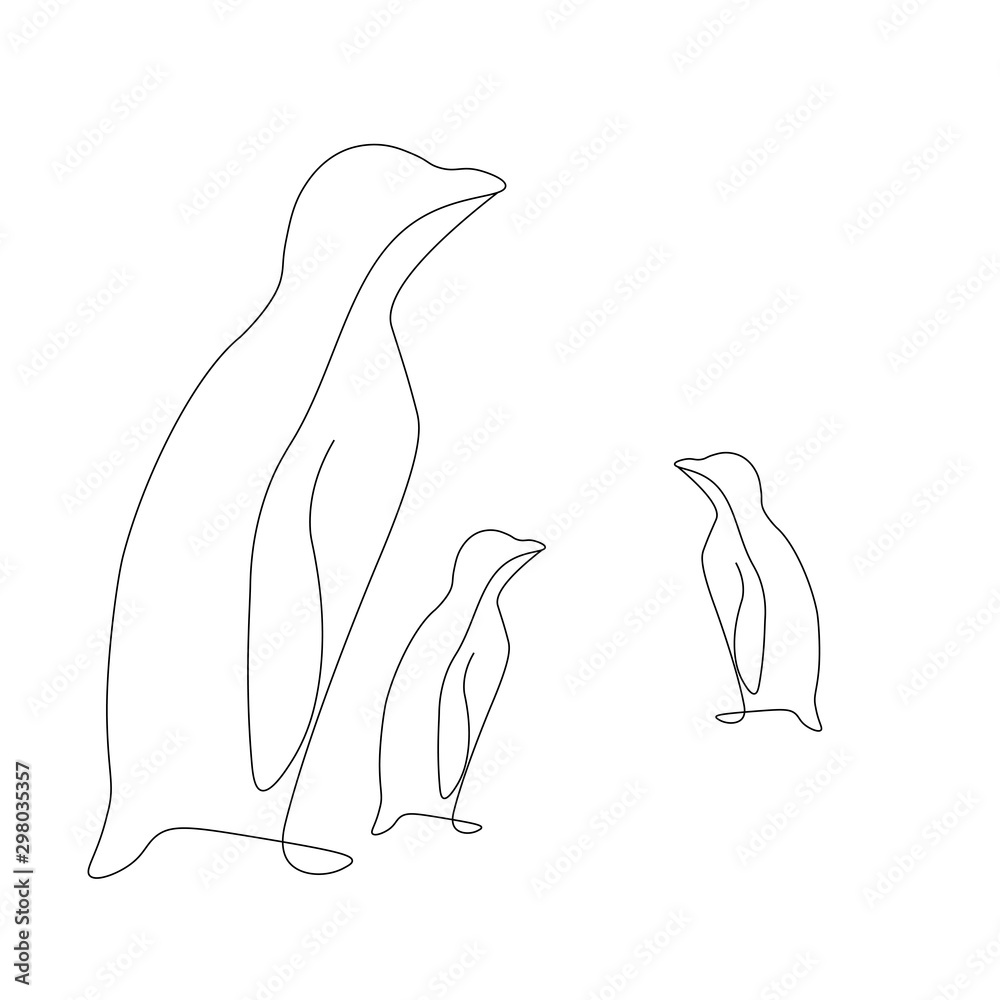 Penguins silhouette, family mom and baby one line drawing on white background vector illustration
