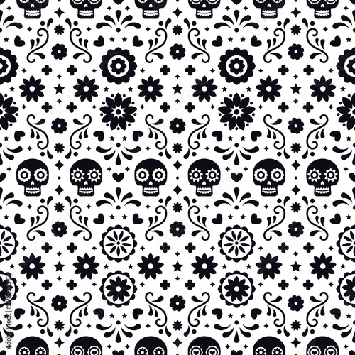 Day of the dead seamless pattern with skulls and flowers on white background. Traditional mexican Halloween design for Dia De Los Muertos holiday party. Ornament from Mexico.