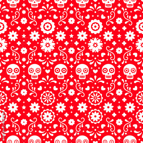Day of the dead seamless pattern with skulls and flowers on red background. Traditional mexican Halloween design for Dia De Los Muertos holiday party. Ornament from Mexico.