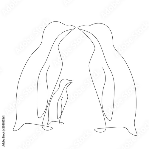 Penguins silhouette, family one line drawing on white background vector illustration
