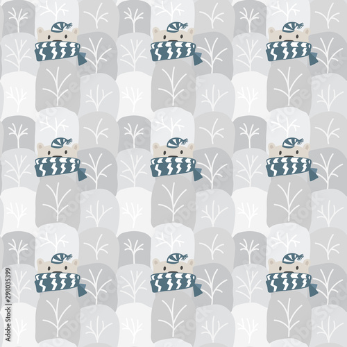 Christmas Vector Seamless texture with bear and winter forest. Can be used for wallpaper, pattern fills, textile, web page background, surface textures. illustration