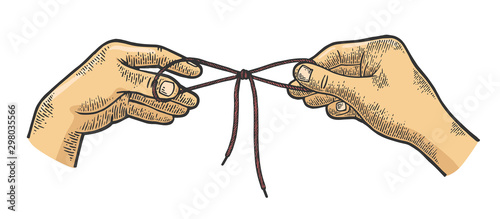 Hands tie shoelaces sketch engraving vector illustration. Scratch board style imitation. Hand drawn image.