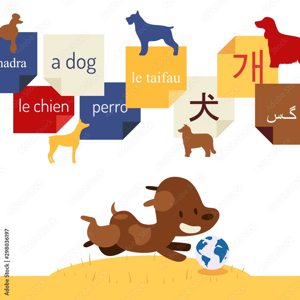 Language learning book for children, vector illustration. Foreign words for dog written on stickers. Playful puppy chasing a ball globe