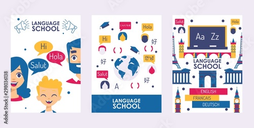 Language school banner, vector illustration. Education course book cover, international speaking class advertisement flyer. Learn foreign language