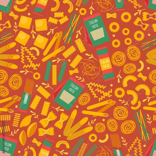 Italian pasta seamless pattern, vector illustration. Different kinds of macaroni, uncooked ingredient of traditional Italian cuisine. Various types of pasta