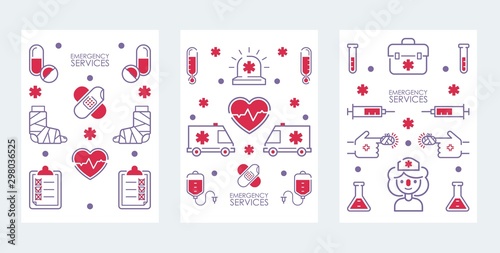 Emergency medical service banner, vector illustration. Set of icons for hospital, health care center. Symbols of first aid, ambulance, heart cardiogram and blood transfusion