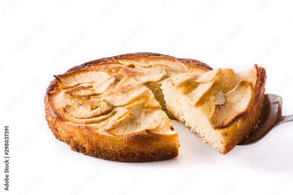 Homemade slice apple pie isolated on white background. 