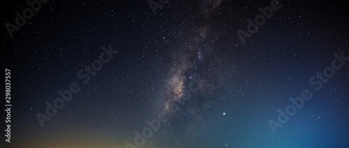 Panorama blue night sky milky way and star on dark background.with noise and grain.Photo by long exposure and select white balance.