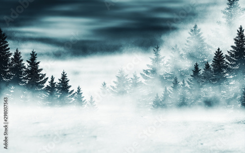 Fototapeta Naklejka Na Ścianę i Meble -  Dark winter forest background at night. Snow, fog, moonlight. Neon figure in the center