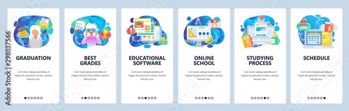 Mobile app onboarding screens. Online school, university student, course schedule, studying, graduation. Vector banner template for website and mobile development. Web site design flat illustration