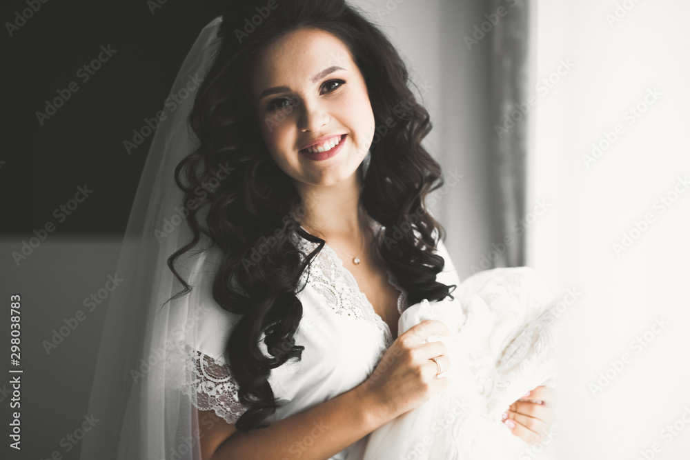 Portrait of beautiful bride with fashion veil at wedding morning Portrait of beautiful bride with fashion veil at wedding morning