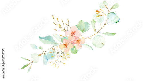 Watercolor wedding isolated bouquet with eucaliptus leaves and branches and Protea flowers