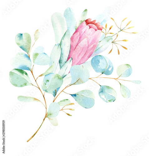 Watercolor wedding isolated bouquet with eucaliptus leaves and branches and Protea flowers