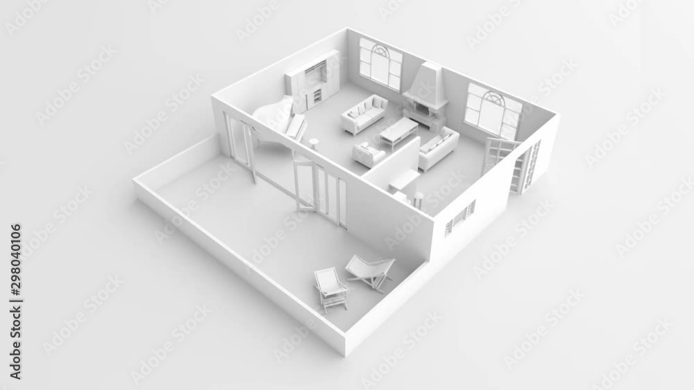 3d interior illustration rendering of furnished living room with balcony