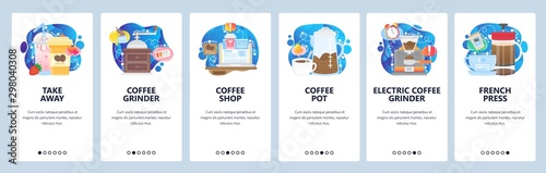 Mobile app onboarding screens. Take away coffee cup, french press, coffee grinder. Menu vector banner template for website and mobile development. Web site design flat illustration