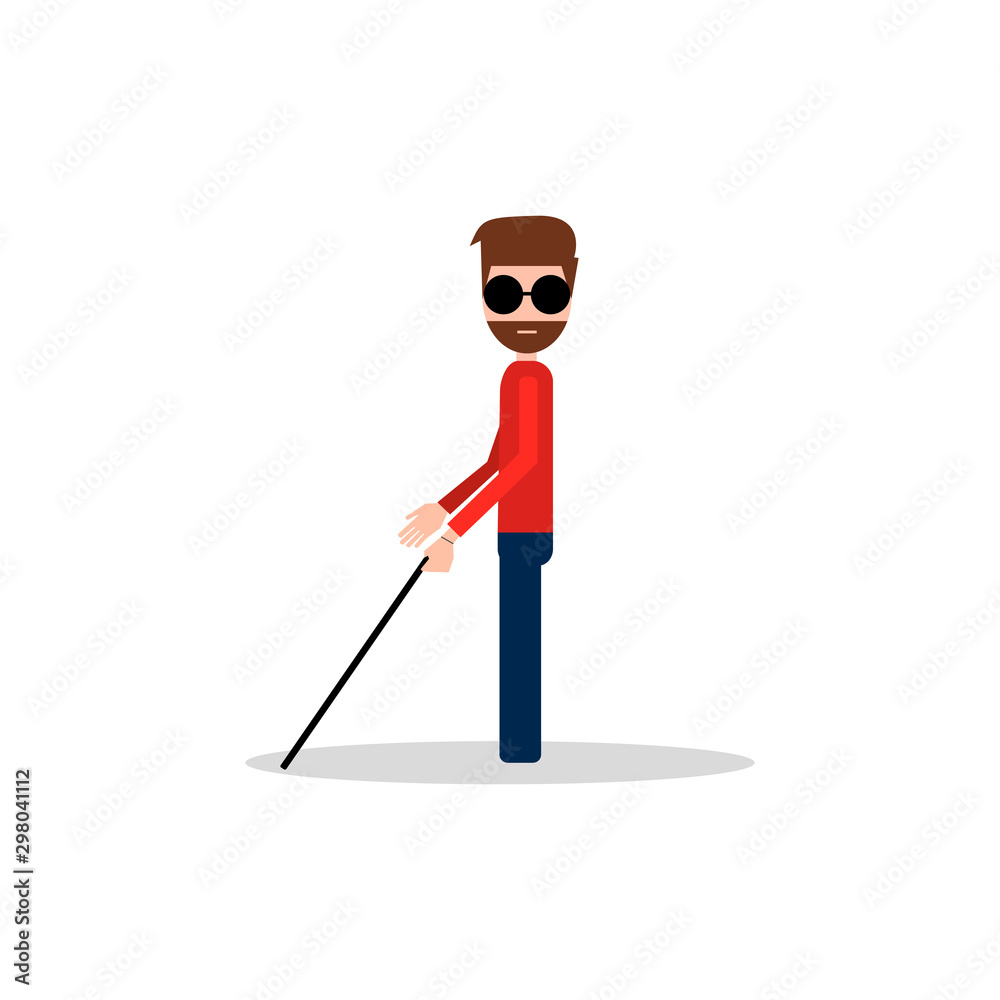 Blind man stands with glasses and with a stick. Flat style. Vector illustration Blind man stands with glasses and with a stick. Flat style. Vector illustration