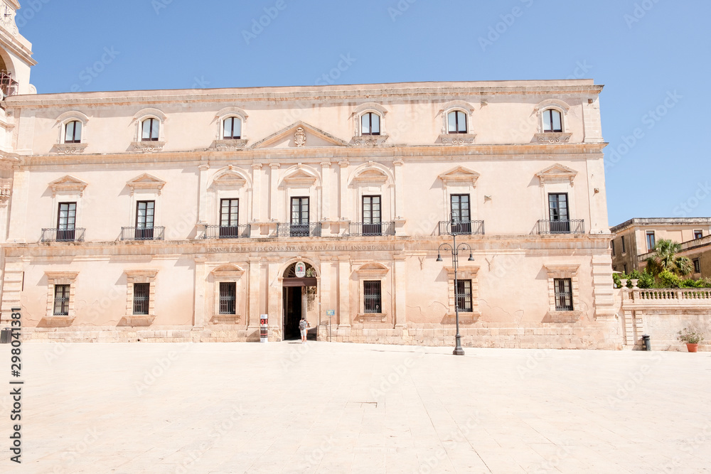 View of the facade of the Archibishop's Palace, in the city centre of Ortigia (Italy, Sicily, Siracusa), UNESCO World Heritage Site.