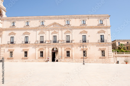 View of the facade of the Archibishop's Palace, in the city centre of Ortigia (Italy, Sicily, Siracusa), UNESCO World Heritage Site. © stefanopez