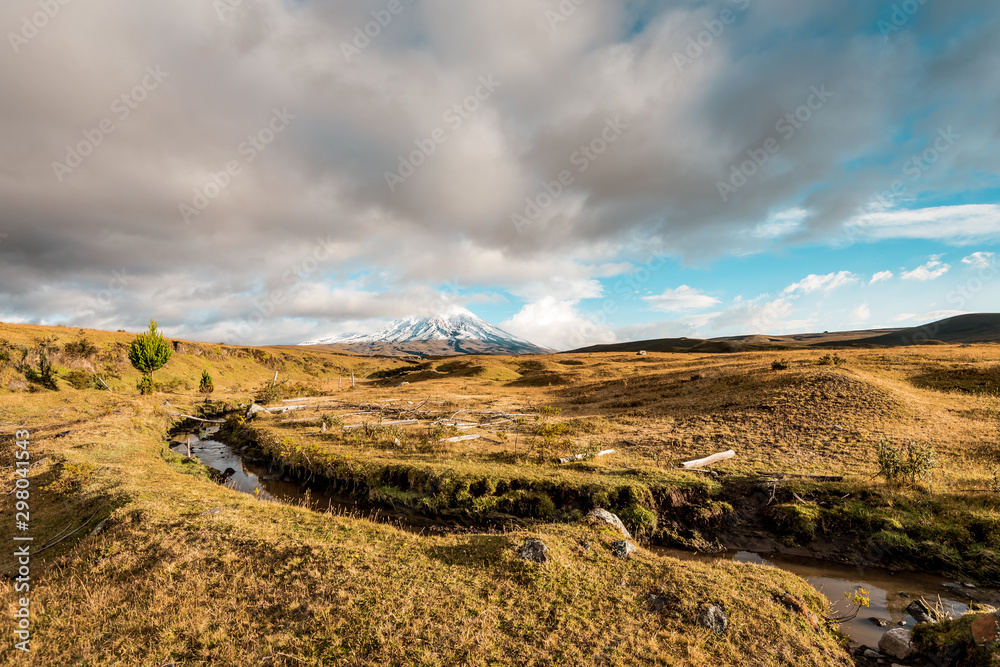 View to the volcano Cotopaxi with snowy peak in a rough landscape, Cotopaxi National Park, Ecuador, South America View to the volcano Cotopaxi with snowy peak in a rough landscape, Cotopaxi National Park, Ecuador, South America