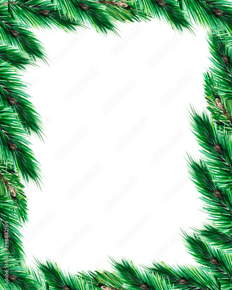 Christmas frame with green fir branches on white background with space for text. Watercolor illustration for design of postcards, invitations or posters. Christmas frame with green fir branches on white background with space for text. Watercolor illustration for design of postcards, invitations or posters.
