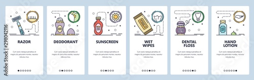 Mobile app onboarding screens. Bathroom accessories, razor, dental floss, hand lotion. Menu vector banner template for website and mobile development. Web site design flat illustration