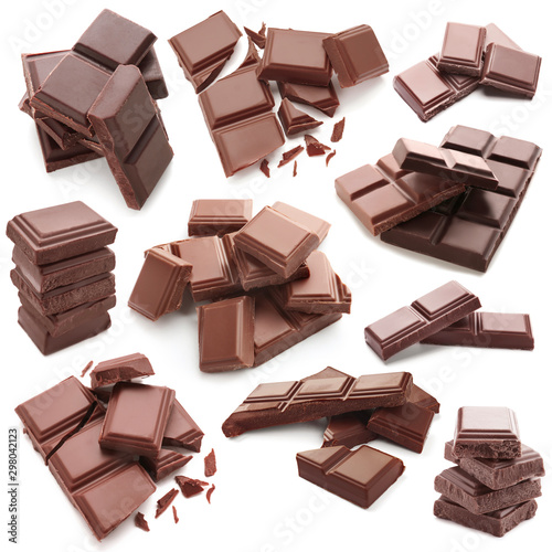 Delicious chocolate pieces on white background