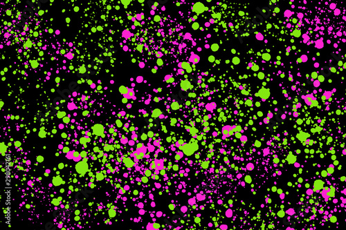 Neon magenta and green paint splashes on black background. Abstract texture for web-design, digital printing or concept design.