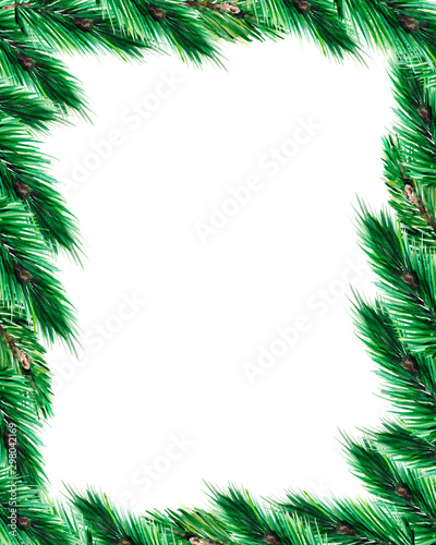 Christmas frame with green fir branches on white background with space for text. Watercolor illustration for design of postcards  invitations or posters.