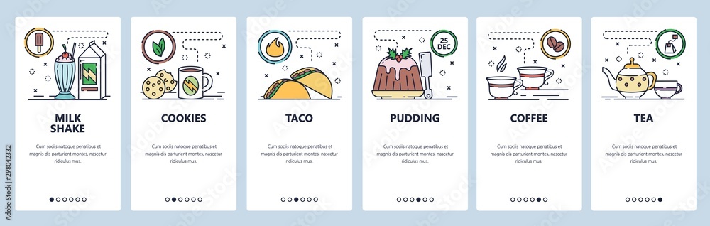 Mobile app onboarding screens. Breakfast meal, milk shake, pudding, coffee and hot tea pot. Menu vector banner template for website and mobile development. Web site design flat illustration - obrazy, fototapety, plakaty 
