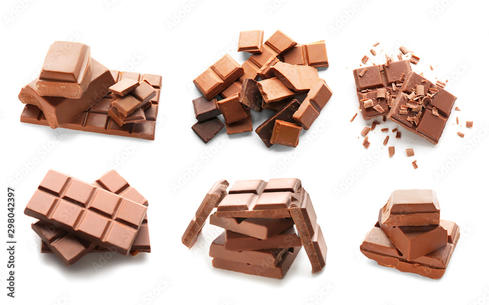 Different chocolate pieces on white background Different chocolate pieces on white background