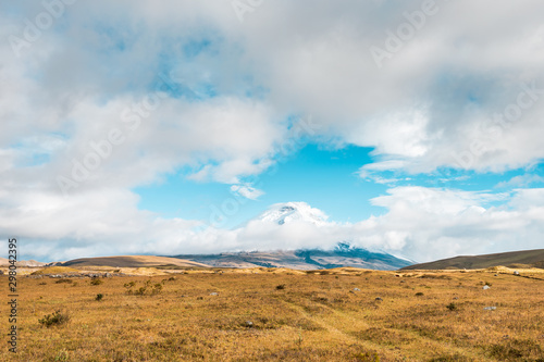 View to the volcano Cotopaxi with snowy peak in a rough landscape, Cotopaxi National Park, Ecuador, South America