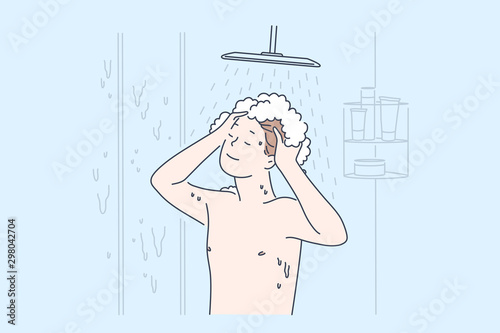 Personal hygiene and cleanliness, daily body care routine, bathroom habit concept. Man washing hair with shampoo, taking shower, guy enjoying water and bath procedure. Simple flat vector