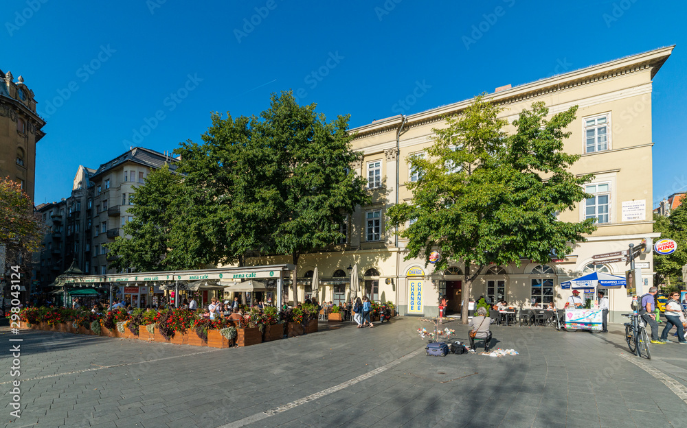 Budapest, Hungary - October 01, 2019: Fovam Square (Fővám tér:hungarian) with beautiful old buildings in Budapest. Fovam Square is the center of communication and trade in Budapest.