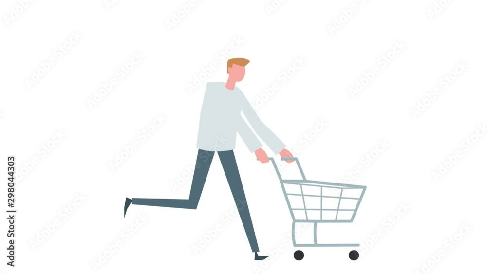 Flat cartoon colorful man character animation. Male run cycle with empthy sopping cart situation Flat cartoon colorful man character animation. Male run cycle with empthy sopping cart situation