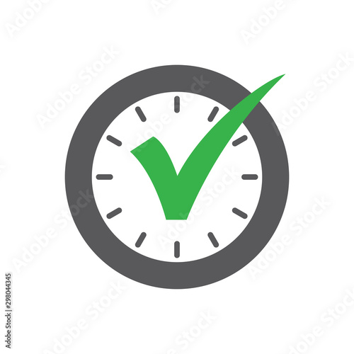 Confirmed or accepted time concept. Check mark on clock dial