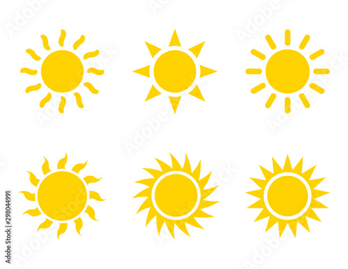 Sun flat style icon weather and sunshine set. Forecast logo symbol collection. Vector illustration image. Isolated on white background.