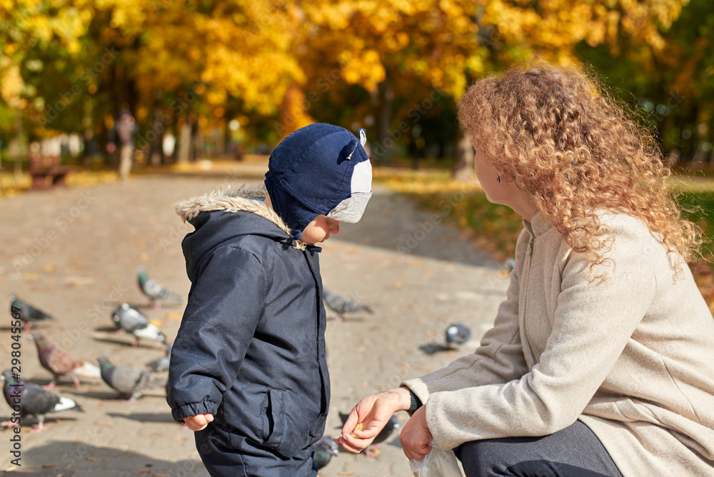 Obraz premium Mom with a son feed pigeons in the park in the fall.