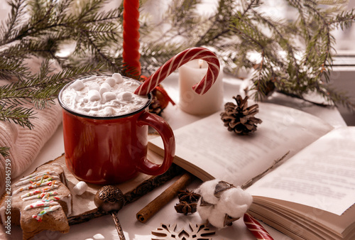 mug of hot chocolate with marshmallow and Lollipop by the window, candle, cookies, open book, cone, winter drink
