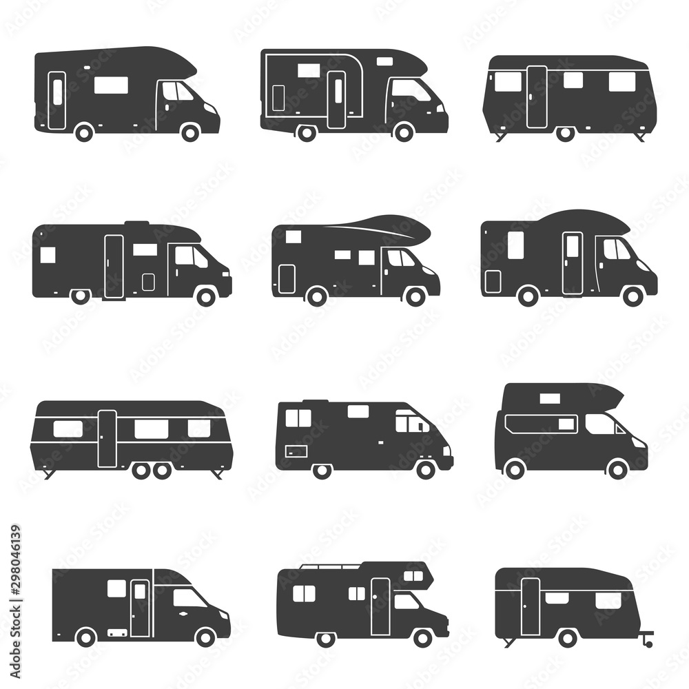 Camping trucks black glyph icons vector set Camping trucks black glyph icons vector set