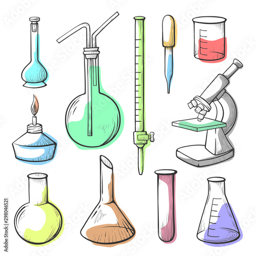 Laboratory equipment, glassware hand drawn illustrations set