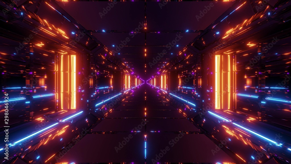 clean futuristic scifi space hangr tunnel corridor with hot reflections 3d rendering background wallpaper
